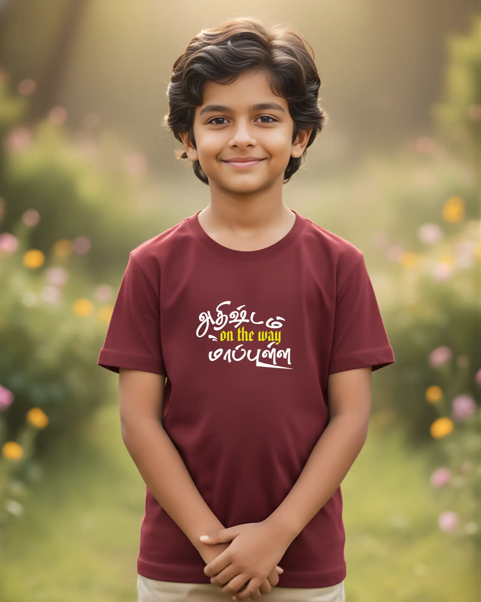 Kids Round Neck Adhirshtam On The Way Maapulla-Maroon - image 1